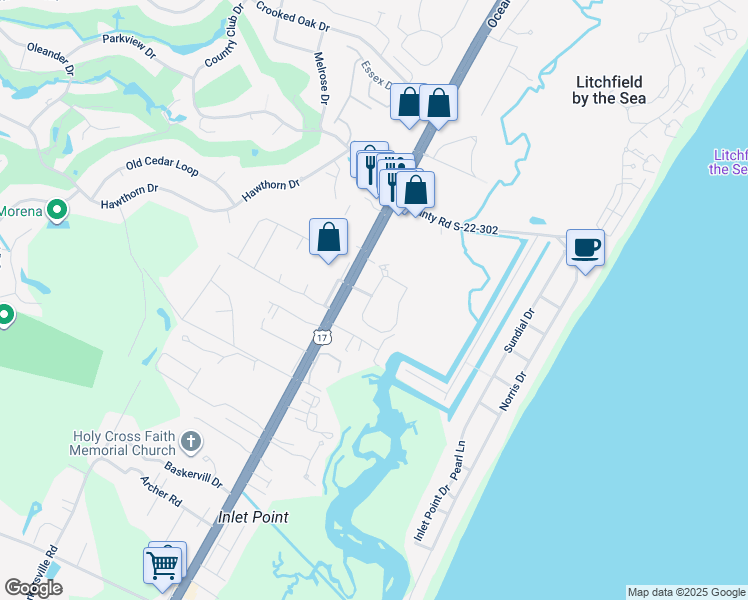 map of restaurants, bars, coffee shops, grocery stores, and more near 380 Salt Marsh Circle in Pawleys Island