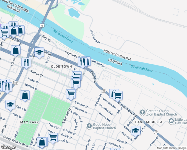 map of restaurants, bars, coffee shops, grocery stores, and more near Broad St in Augusta