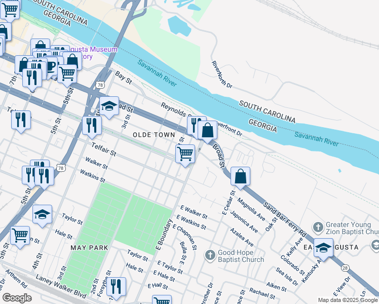 map of restaurants, bars, coffee shops, grocery stores, and more near 17 Greene Street in Augusta