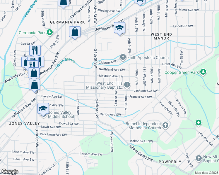 map of restaurants, bars, coffee shops, grocery stores, and more near 2137 Powderly Avenue Southwest in Birmingham
