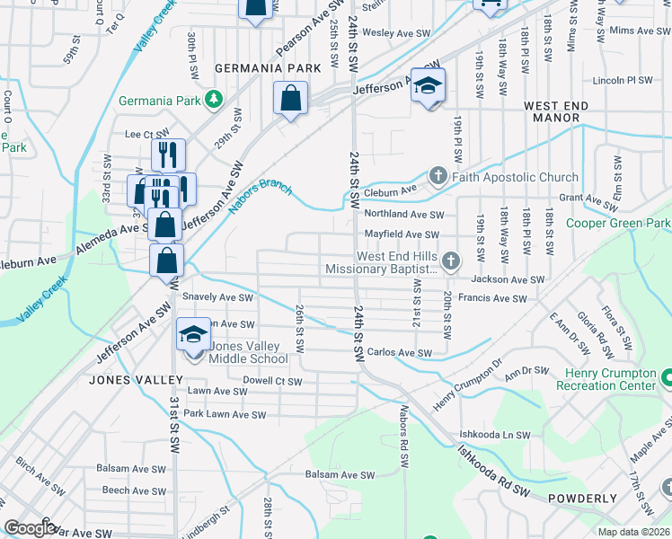 map of restaurants, bars, coffee shops, grocery stores, and more near 2424 Brookhaven Avenue Southwest in Birmingham