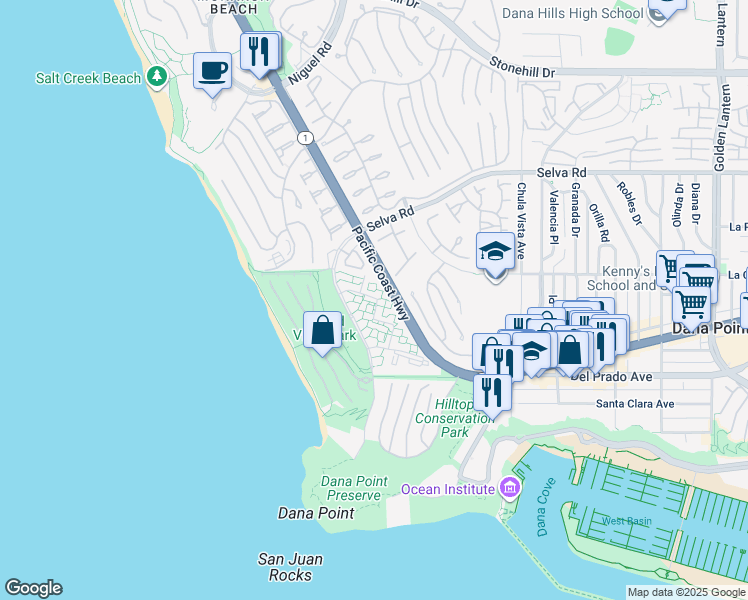 map of restaurants, bars, coffee shops, grocery stores, and more near 34022 Selva Road in Dana Point