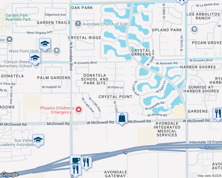 map of restaurants, bars, coffee shops, grocery stores, and more near 11205 West Palm Lane in Avondale