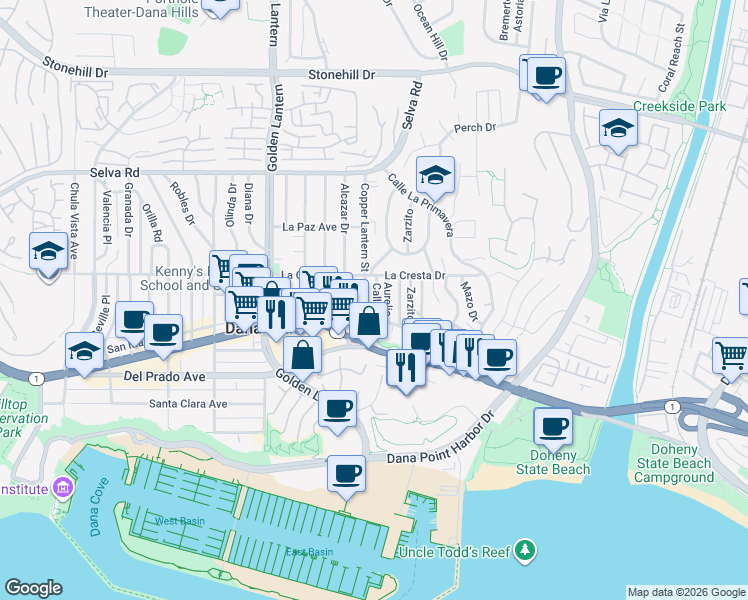 map of restaurants, bars, coffee shops, grocery stores, and more near 34061 Callita in Dana Point