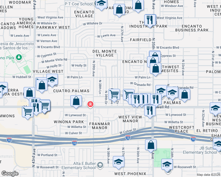 map of restaurants, bars, coffee shops, grocery stores, and more near 1806 North 37th Drive in Phoenix