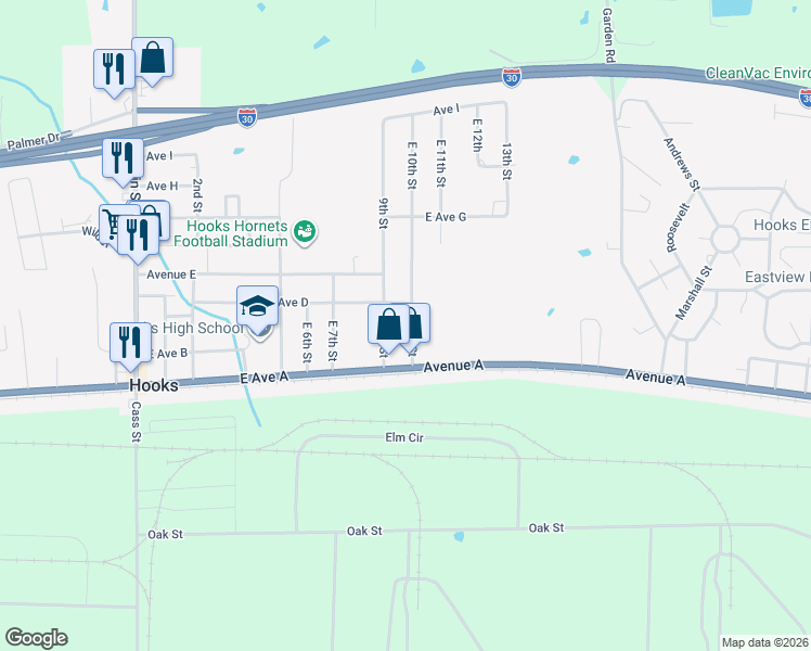 map of restaurants, bars, coffee shops, grocery stores, and more near 204 10th Street in Hooks