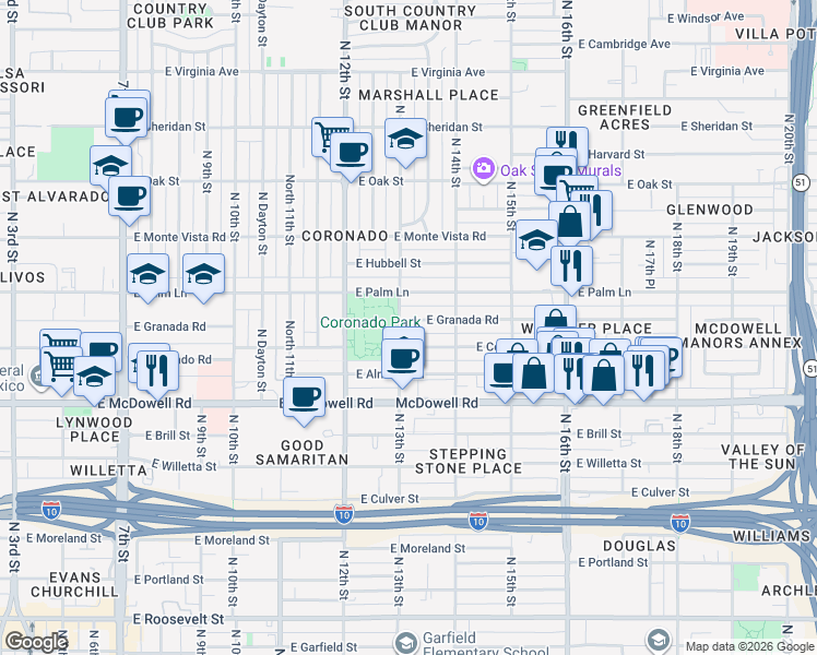 map of restaurants, bars, coffee shops, grocery stores, and more near 1302 East Coronado Road in Phoenix