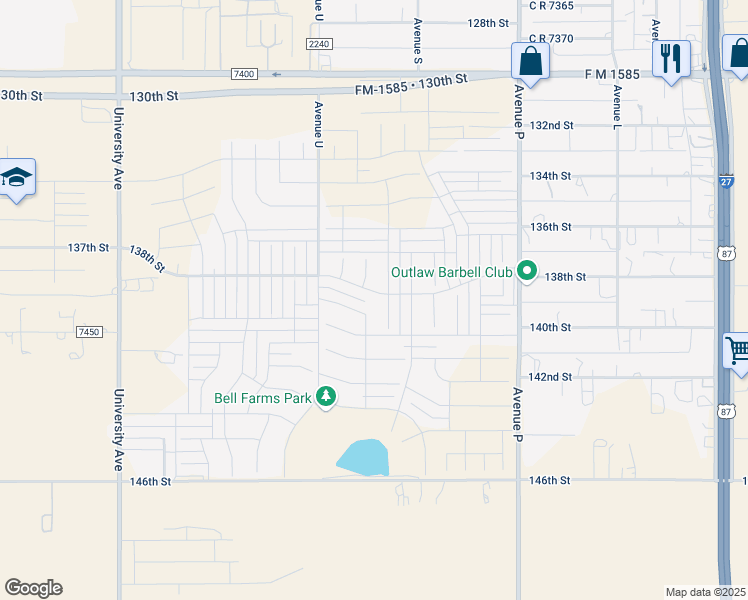 map of restaurants, bars, coffee shops, grocery stores, and more near 13800-13998 C R 2300 in Lubbock