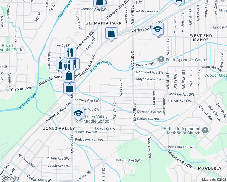 map of restaurants, bars, coffee shops, grocery stores, and more near 2524 Brookhaven Avenue Southwest in Birmingham