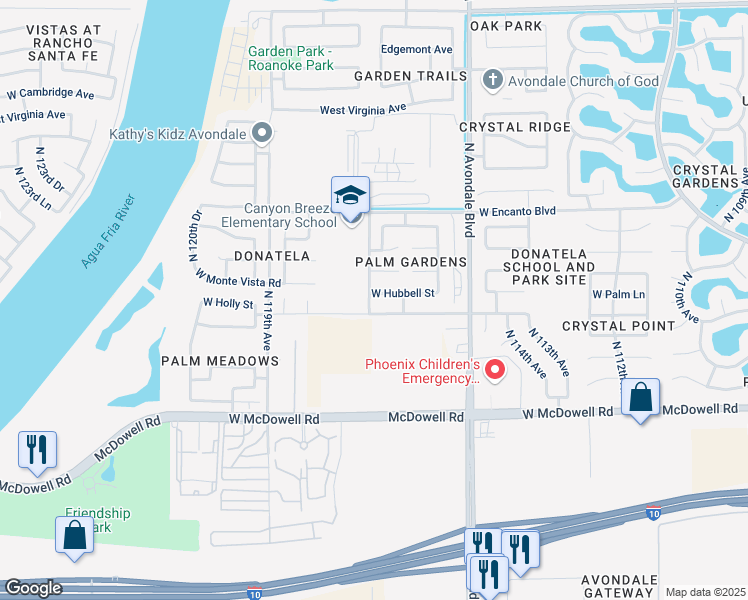 map of restaurants, bars, coffee shops, grocery stores, and more near 11630 West Palm Lane in Avondale