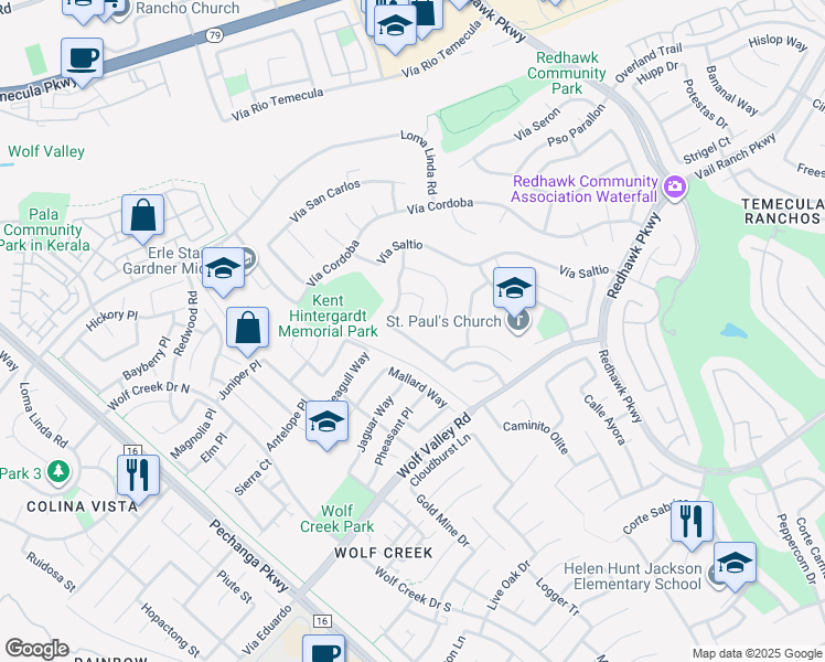 map of restaurants, bars, coffee shops, grocery stores, and more near 31783 Camino Rosales in Temecula