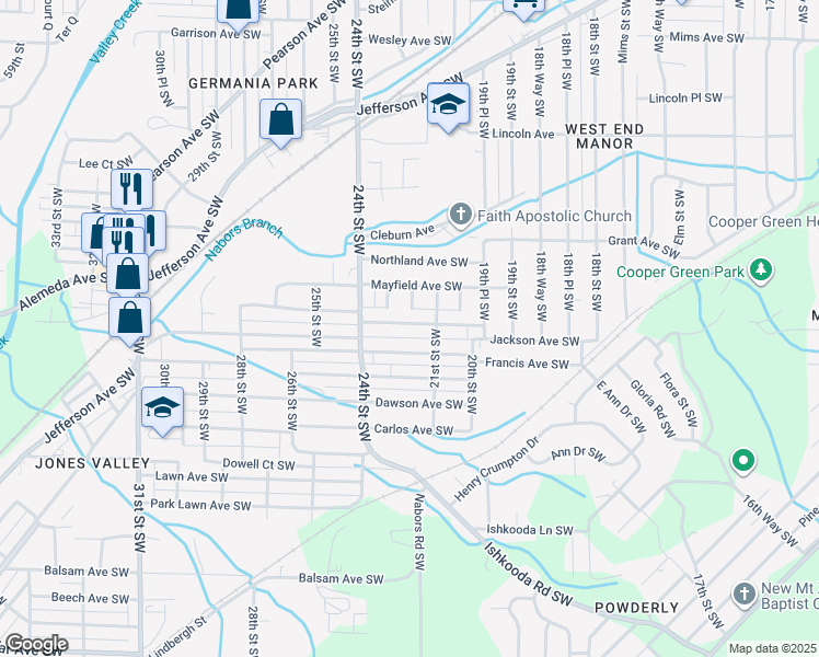 map of restaurants, bars, coffee shops, grocery stores, and more near 2137 Powderly Avenue Southwest in Birmingham