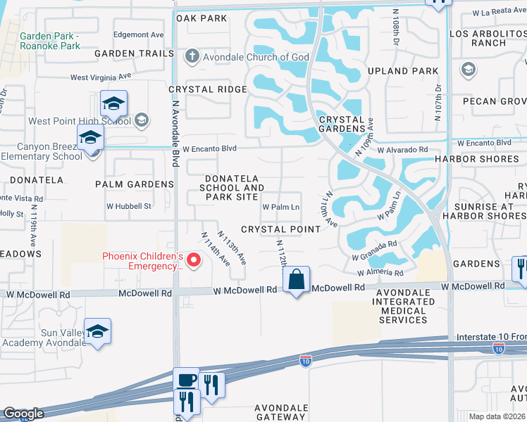 map of restaurants, bars, coffee shops, grocery stores, and more near 11217 West Palm Lane in Avondale