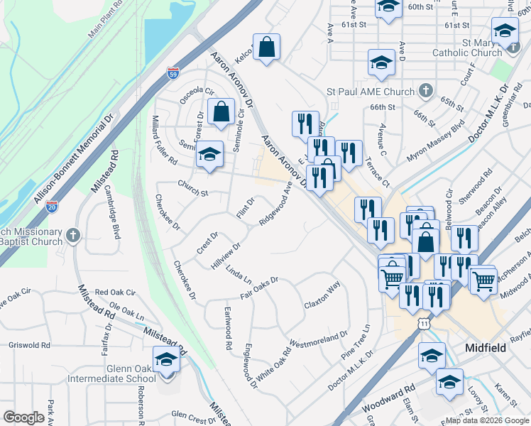 map of restaurants, bars, coffee shops, grocery stores, and more near 209 Hillview Drive in Fairfield