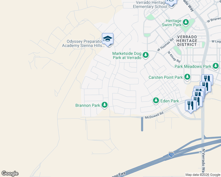 map of restaurants, bars, coffee shops, grocery stores, and more near 21293 West Granada Road in Buckeye