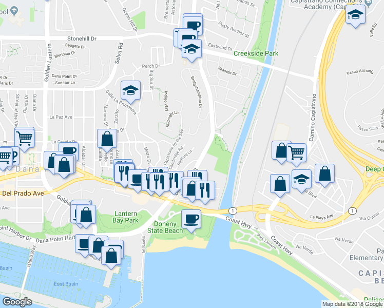 map of restaurants, bars, coffee shops, grocery stores, and more near 34042 Bedford Lane in Dana Point