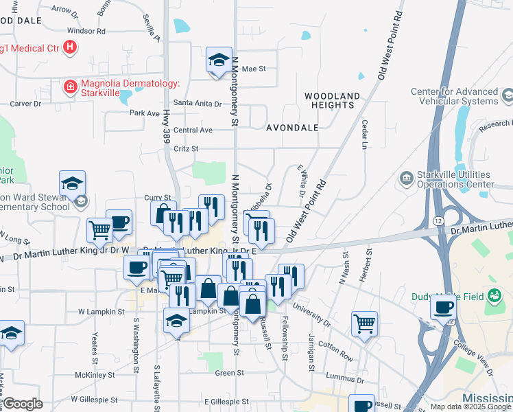 map of restaurants, bars, coffee shops, grocery stores, and more near 149 Oktibbeha Drive in Starkville