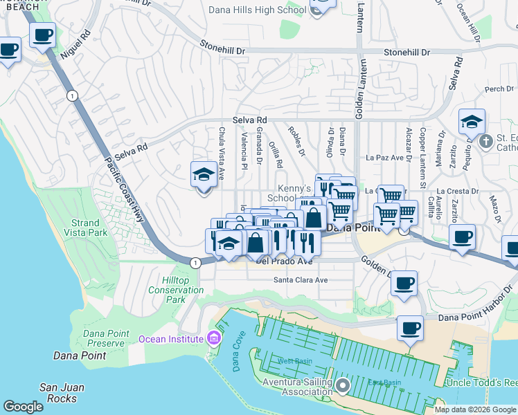 map of restaurants, bars, coffee shops, grocery stores, and more near 34072 Granada Drive in Dana Point