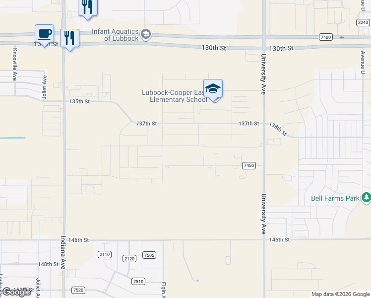 map of restaurants, bars, coffee shops, grocery stores, and more near 2500-2924 140th Street in Lubbock