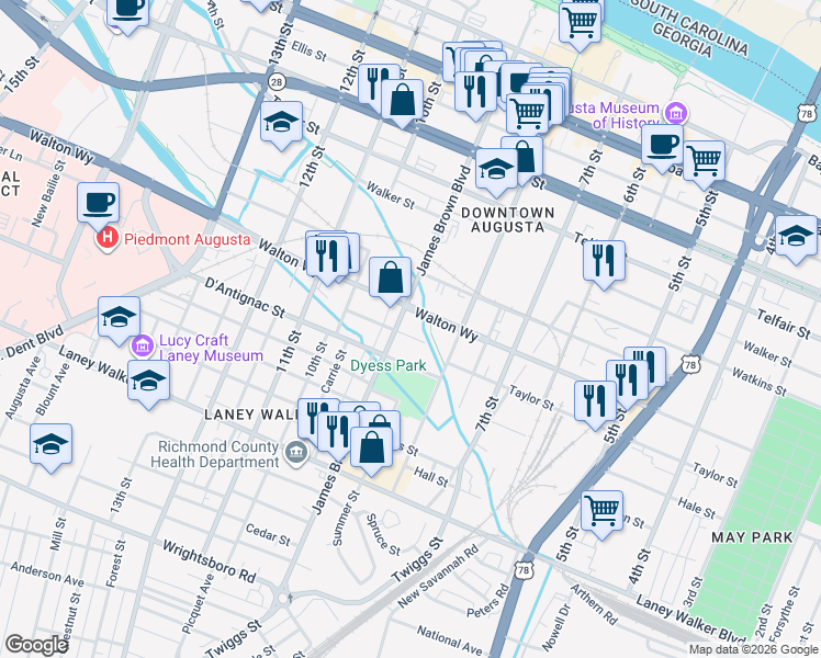 map of restaurants, bars, coffee shops, grocery stores, and more near 829 Barnes Street in Augusta