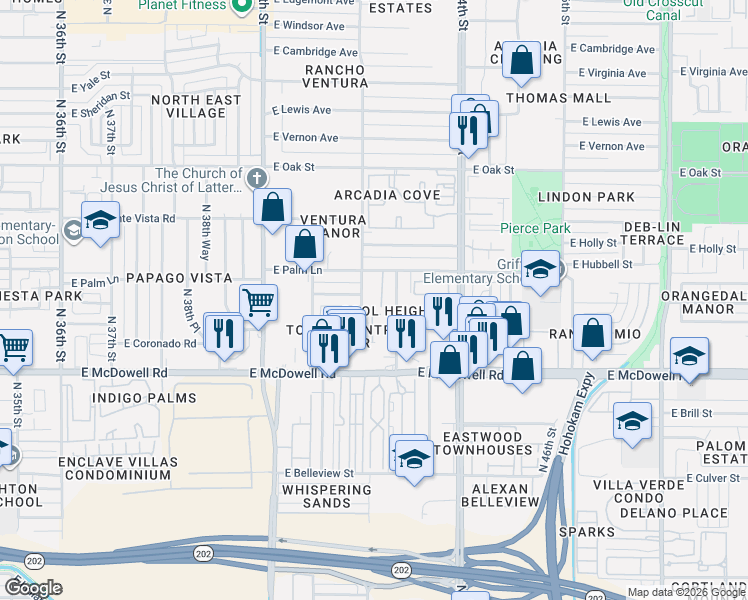 map of restaurants, bars, coffee shops, grocery stores, and more near 4211 East Palm Lane in Phoenix