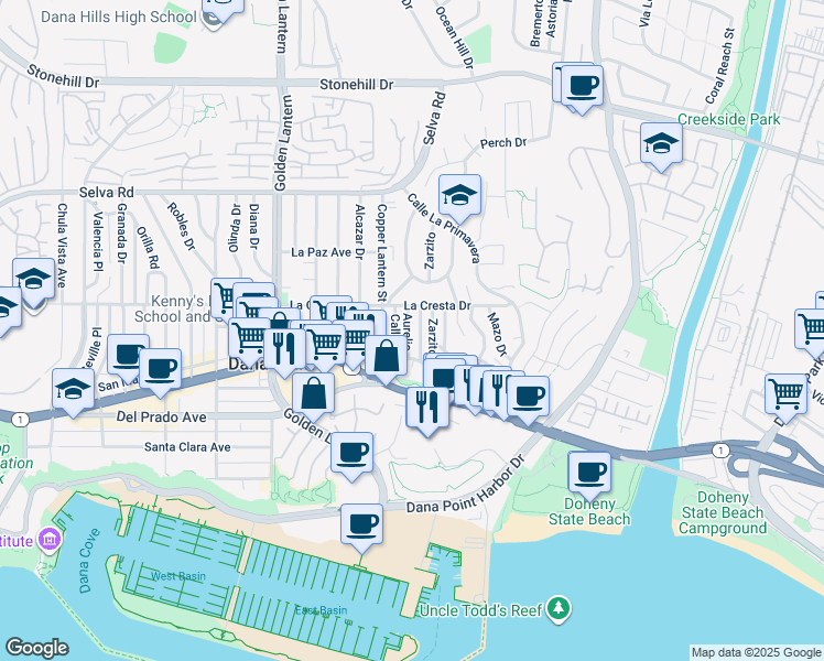 map of restaurants, bars, coffee shops, grocery stores, and more near 34056 Aurelio in Dana Point