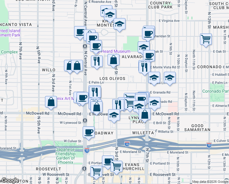 map of restaurants, bars, coffee shops, grocery stores, and more near in Phoenix