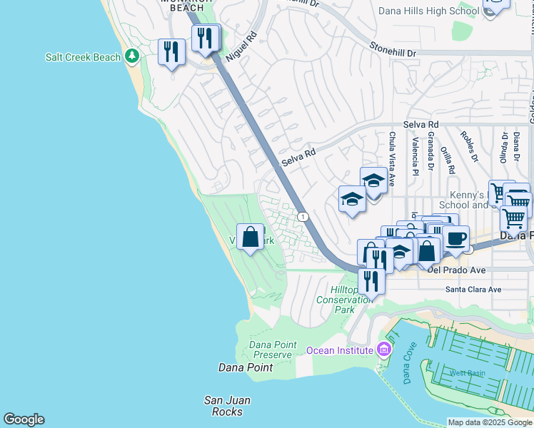 map of restaurants, bars, coffee shops, grocery stores, and more near 34028 Selva Road in Dana Point