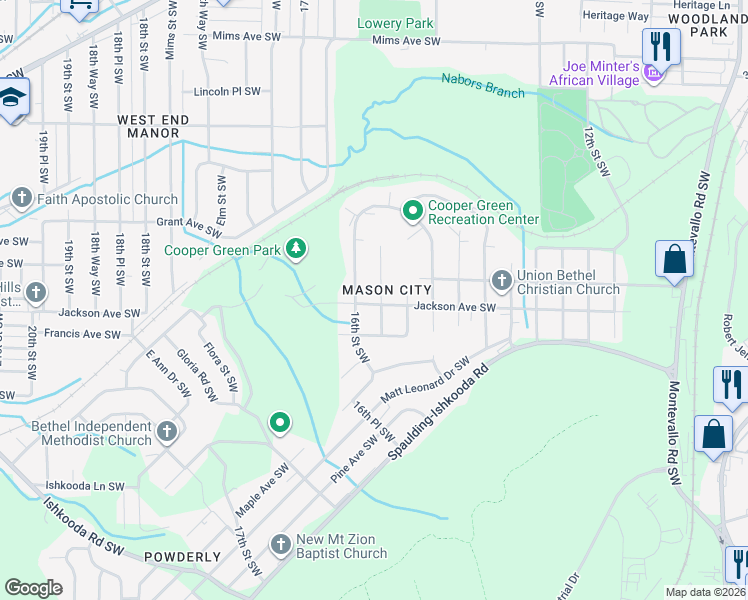 map of restaurants, bars, coffee shops, grocery stores, and more near 1531 Jackson Avenue Southwest in Birmingham
