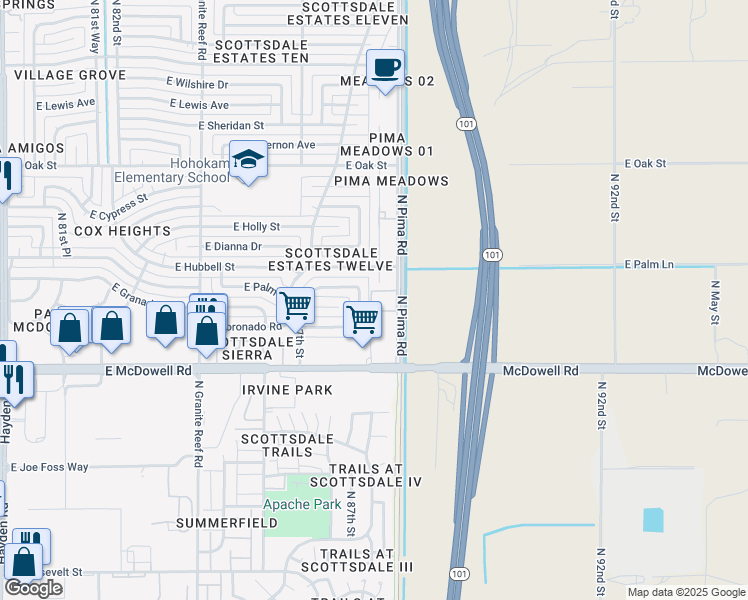 map of restaurants, bars, coffee shops, grocery stores, and more near 1650 North 87th Terrace in Scottsdale