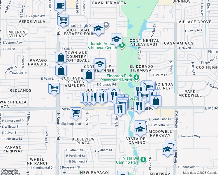 map of restaurants, bars, coffee shops, grocery stores, and more near 1726 North Miller Road in Scottsdale
