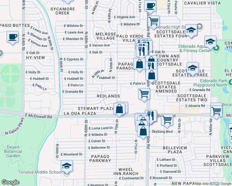 map of restaurants, bars, coffee shops, grocery stores, and more near 1815 North 70th Street in Scottsdale