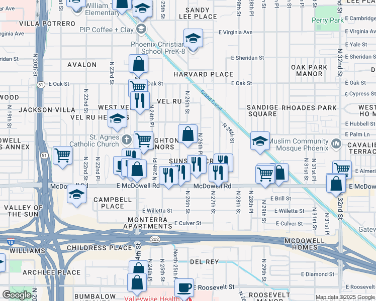 map of restaurants, bars, coffee shops, grocery stores, and more near 1817 North 25th Place in Phoenix