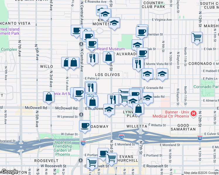 map of restaurants, bars, coffee shops, grocery stores, and more near in Phoenix