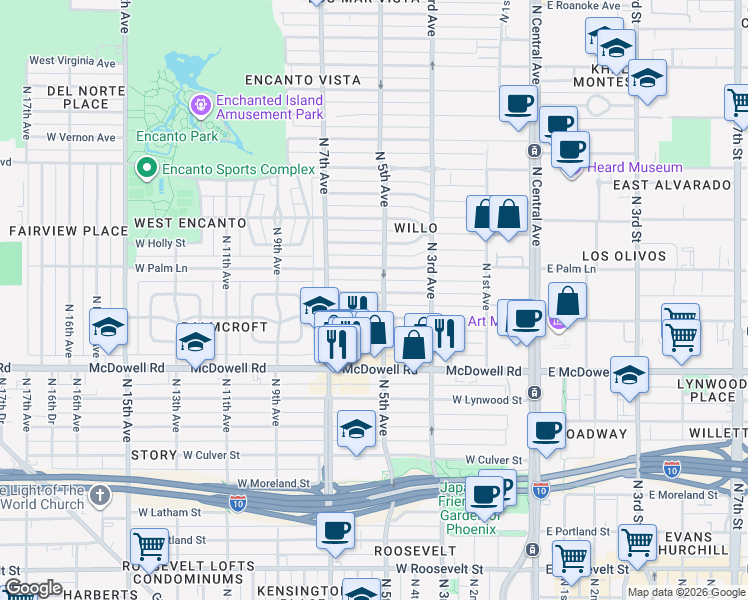 map of restaurants, bars, coffee shops, grocery stores, and more near 334 West Coronado Road in Phoenix