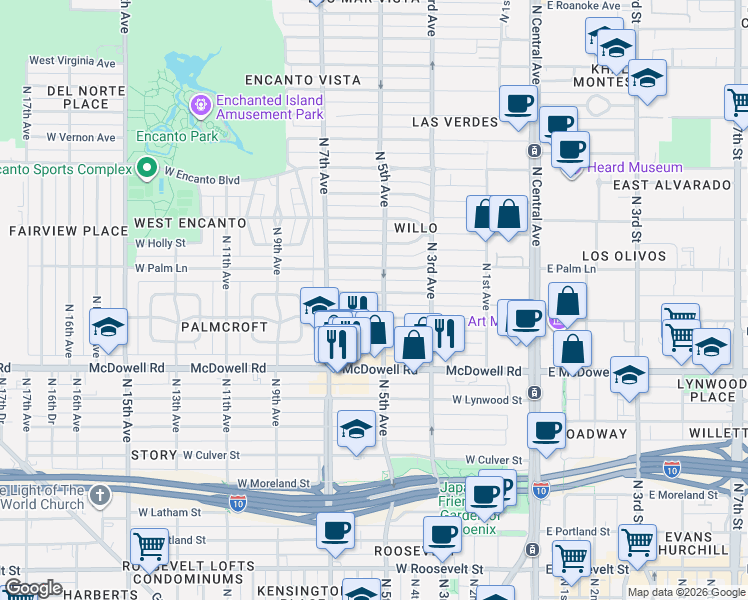 map of restaurants, bars, coffee shops, grocery stores, and more near 334 West Coronado Road in Phoenix