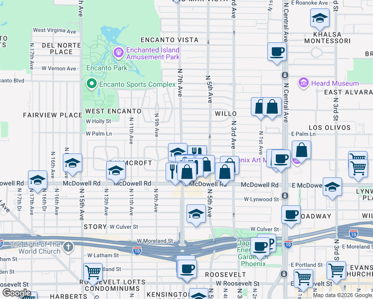 map of restaurants, bars, coffee shops, grocery stores, and more near 1808 North 7th Avenue in Phoenix