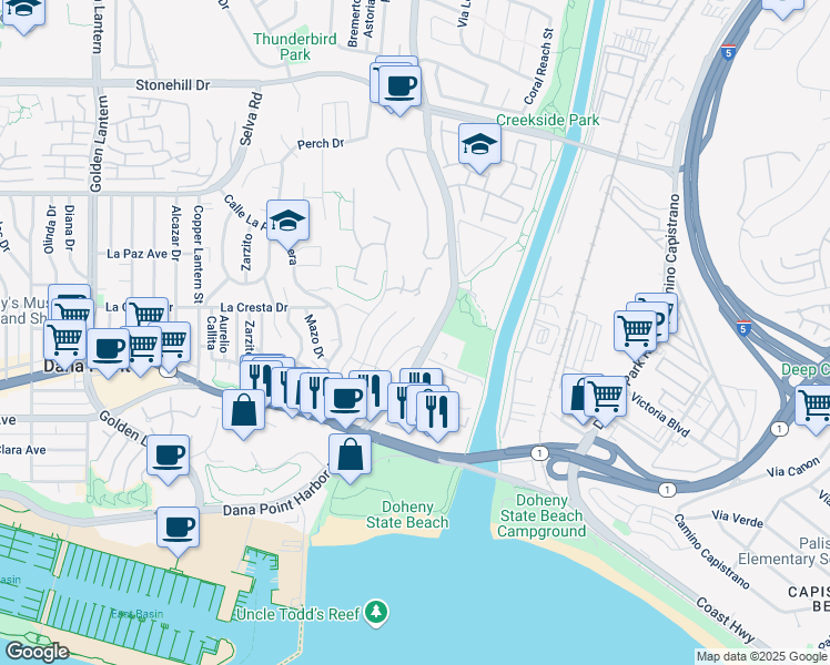 map of restaurants, bars, coffee shops, grocery stores, and more near 34042 Bedford Lane in Dana Point