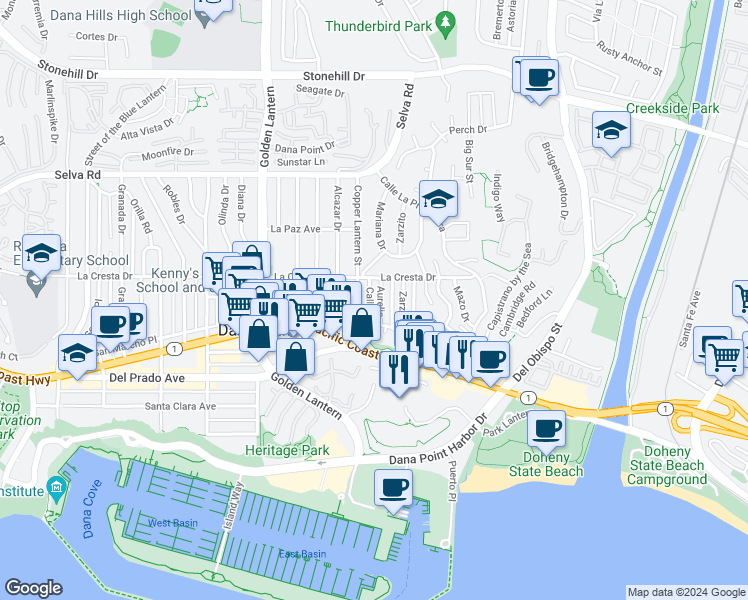 map of restaurants, bars, coffee shops, grocery stores, and more near 34081 Aurelio in Dana Point