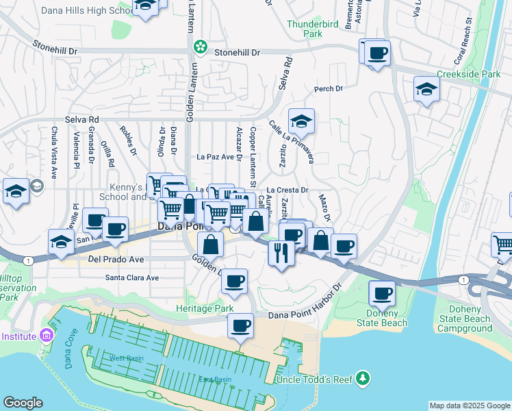 map of restaurants, bars, coffee shops, grocery stores, and more near 34081 Aurelio in Dana Point