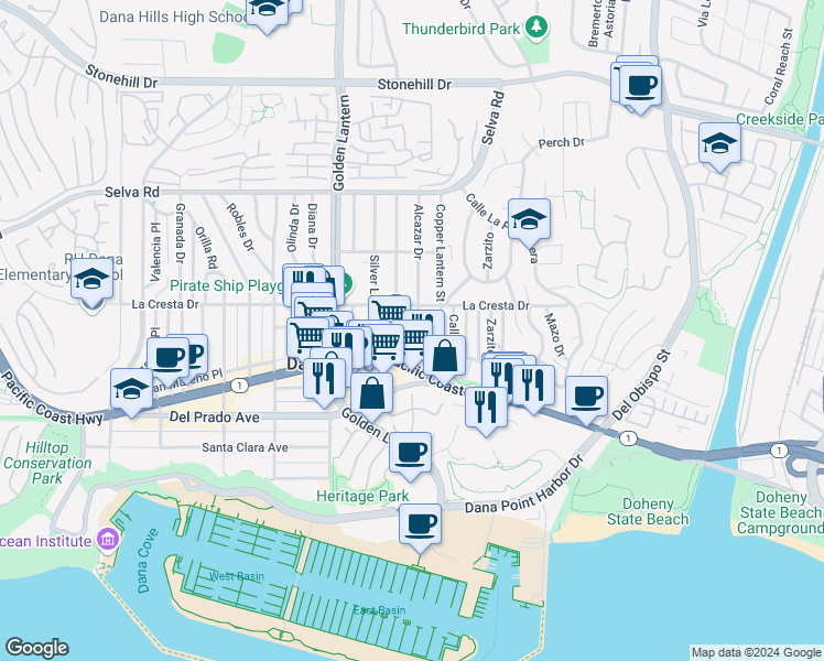 map of restaurants, bars, coffee shops, grocery stores, and more near 34082 Alcazar Drive in Dana Point