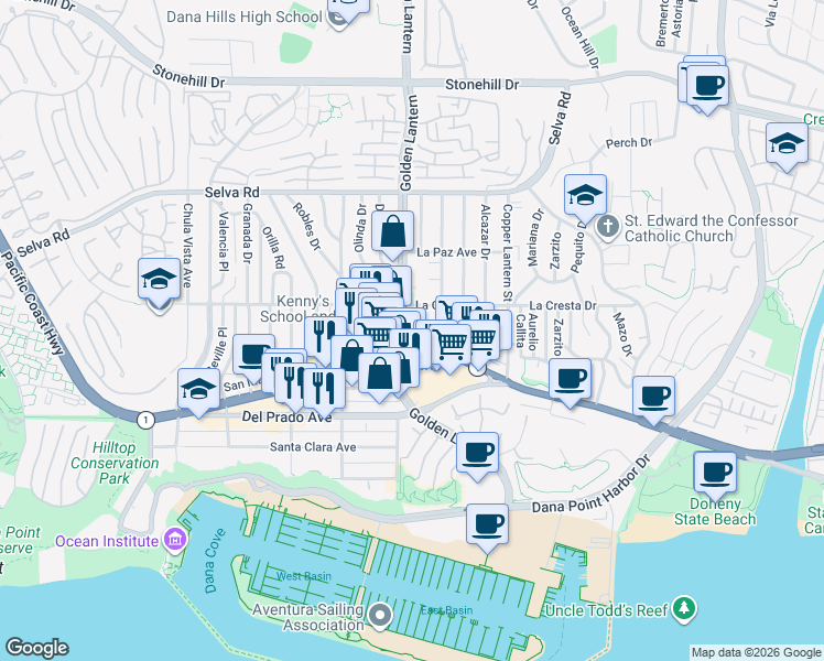 map of restaurants, bars, coffee shops, grocery stores, and more near 34081 Colegio Drive in Dana Point