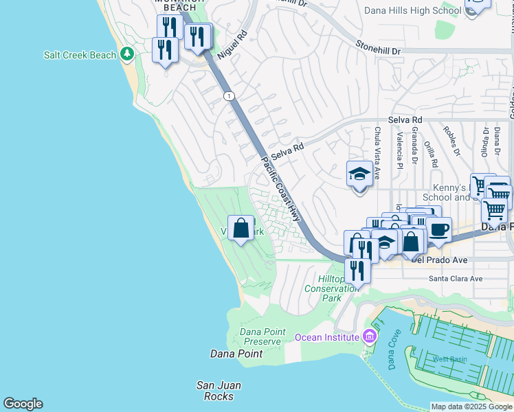 map of restaurants, bars, coffee shops, grocery stores, and more near 34028 Selva Road in Dana Point