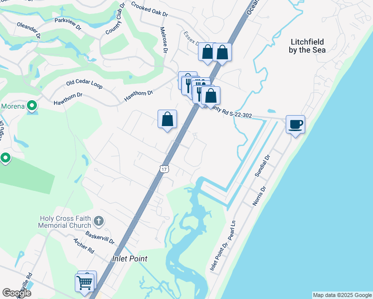 map of restaurants, bars, coffee shops, grocery stores, and more near 380 Salt Marsh Circle in Pawleys Island
