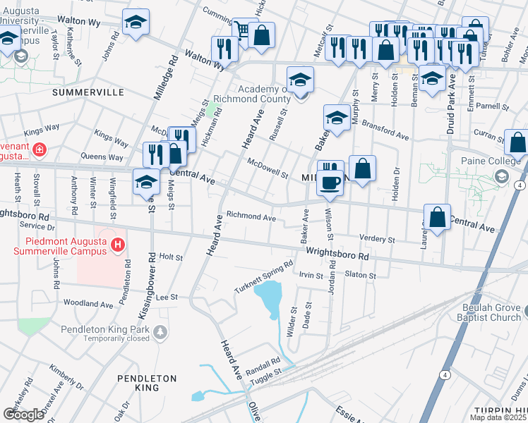 map of restaurants, bars, coffee shops, grocery stores, and more near 2009 Richmond Avenue in Augusta