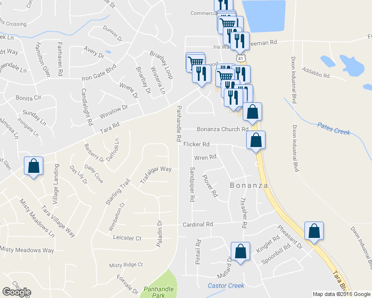 map of restaurants, bars, coffee shops, grocery stores, and more near 1517 Flicker Road in Jonesboro