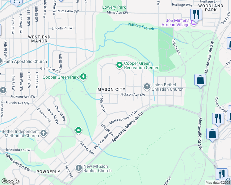 map of restaurants, bars, coffee shops, grocery stores, and more near 1531 Jackson Avenue Southwest in Birmingham