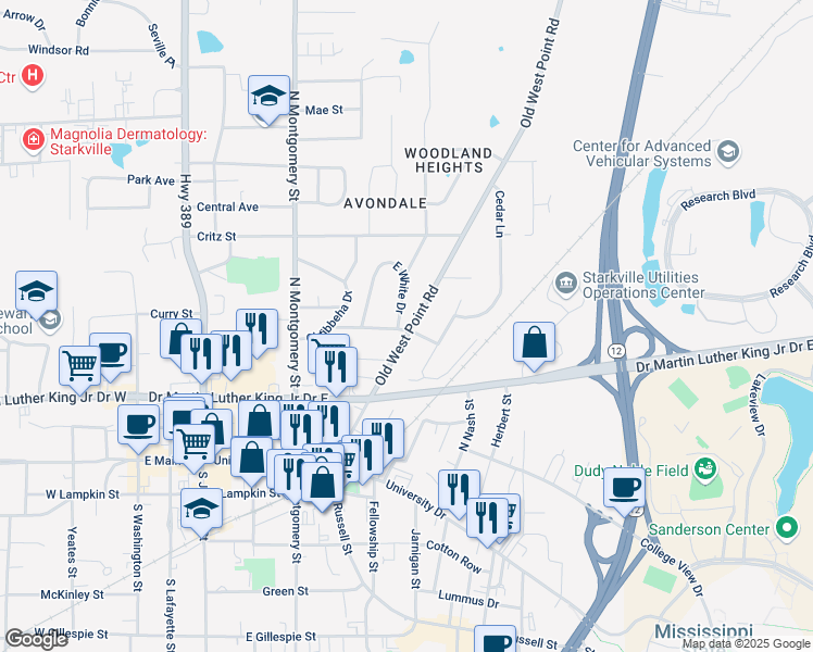 map of restaurants, bars, coffee shops, grocery stores, and more near 211-299 Old West Point Rd in Starkville