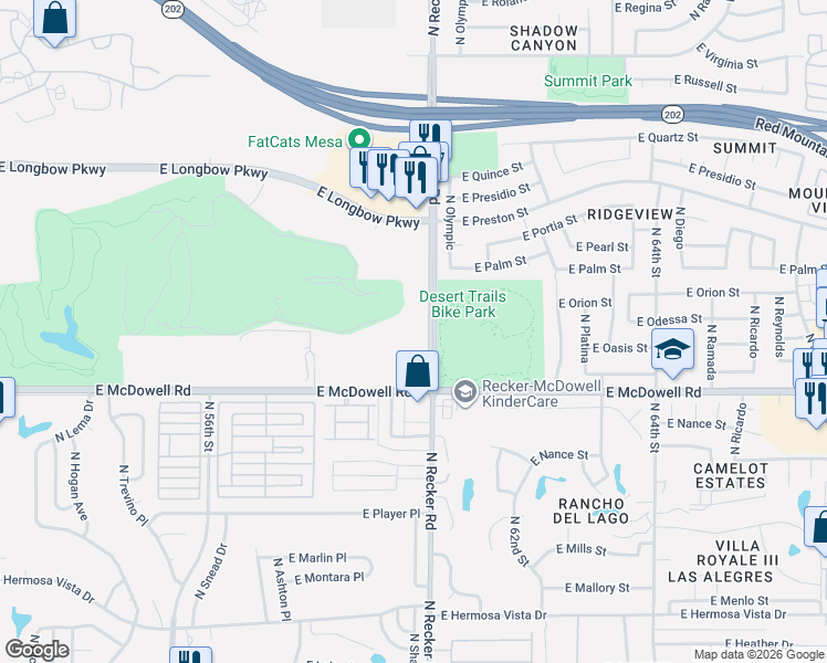 map of restaurants, bars, coffee shops, grocery stores, and more near 2950 North Recker Road in Mesa