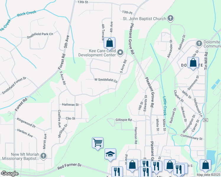 map of restaurants, bars, coffee shops, grocery stores, and more near 1720 5 Acre Rd in Birmingham